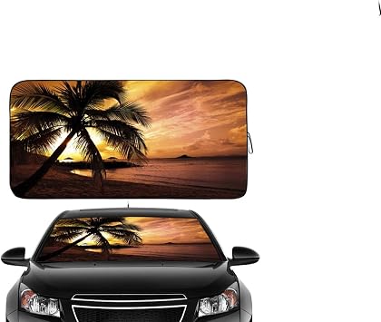 Gven Windshield Sun Shade 2024 Newest Sunshade for Car Windshield Front Window Sun Visor Shades FUUNY Design Blocks UV Rays Sun Protection for Car Truck SUV Auto Accessories Sunset-Yellow + Flag L