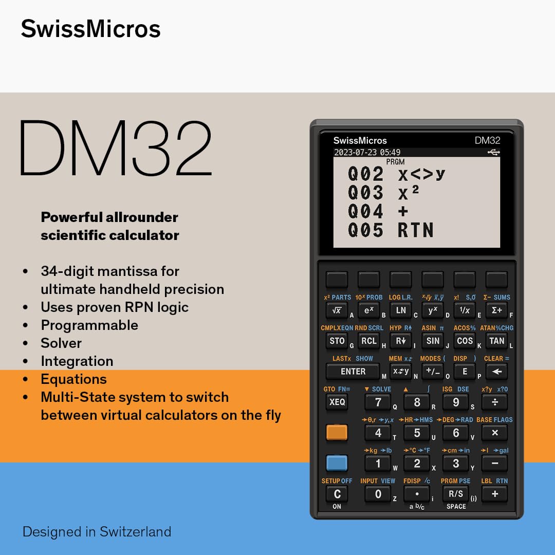 SwissMicros DM32 RPN Scientific Calculator – HP-32SII Inspired Programmable Calculator with USB, Floating-Point Precision, and Durable Pocket Design