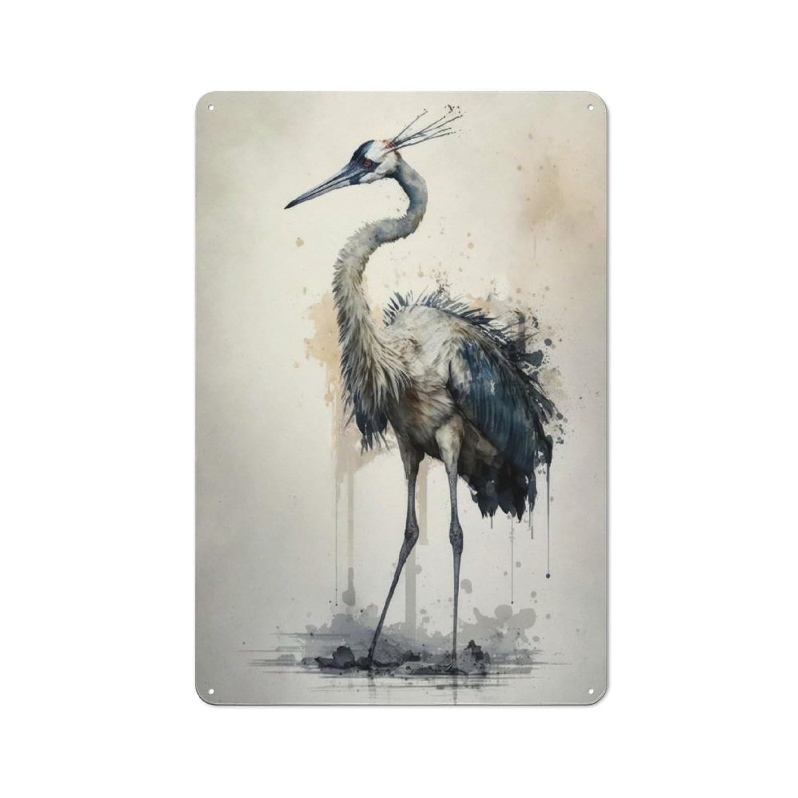 Junmoney Graceful Crane Watercolor Cottage Metal Wall Decor 30X20cm, Shed Metal Sign For Patio Bar, Workshop, Shed Or Kitchen