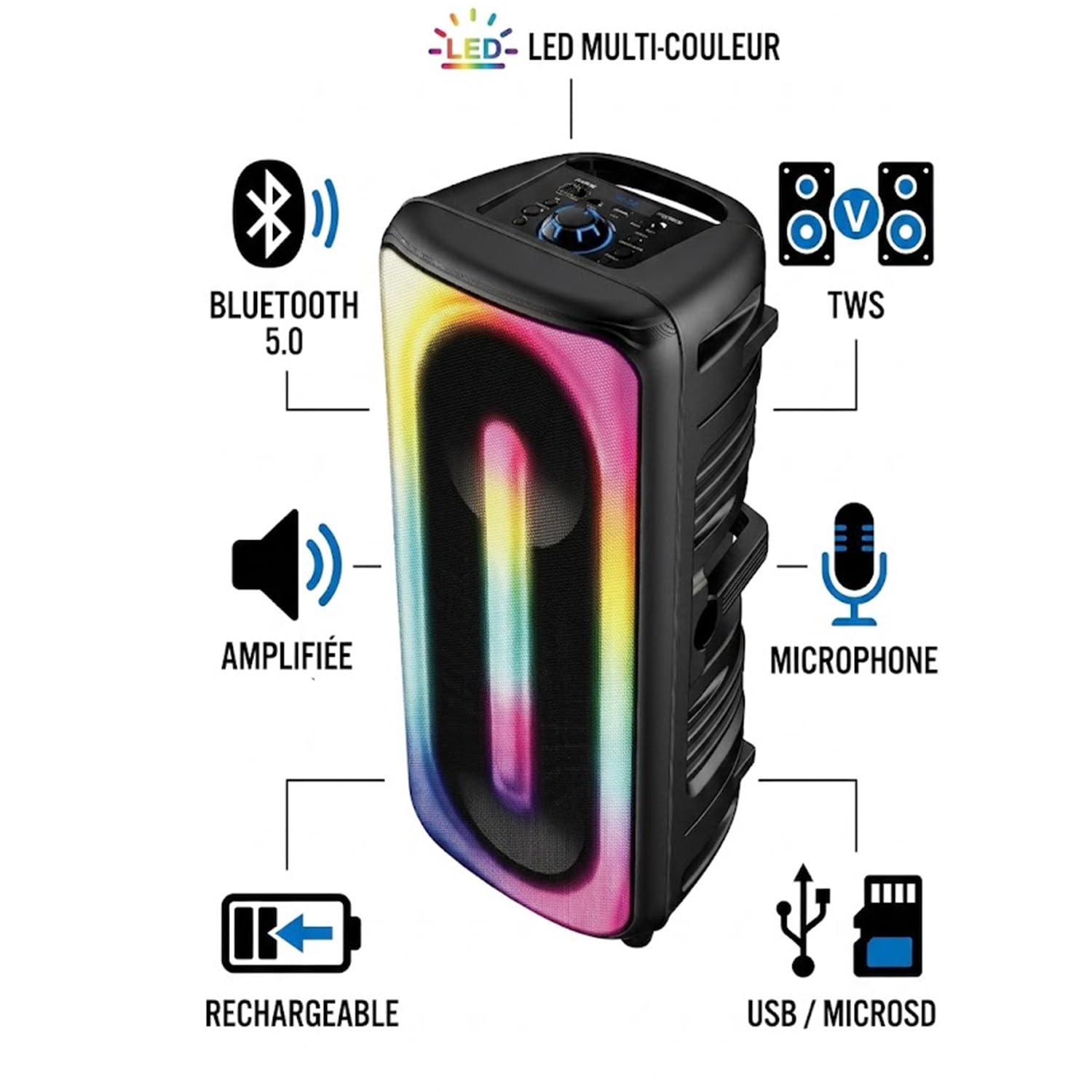 Pickering Enceinte Sono DJ Autonome 300W Bluetooth 5.0 Amplifiée TWS Rechargeable LED Microphone USB MicroSD Noir, Jeux OVNI LED