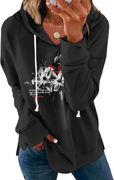 Womens Black Floral Print Hoodie Long Sleeve Cotton Blend Pullover Sweatshirt Loose Fit Casual Top For Everyday Wear