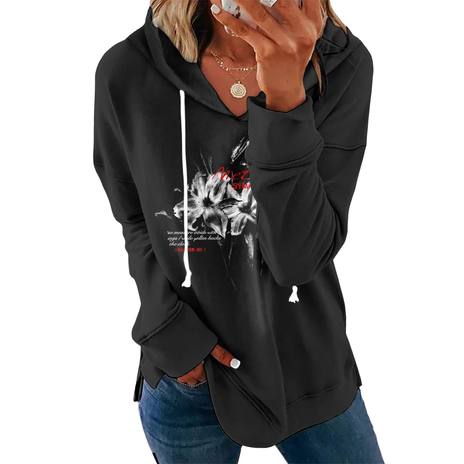 Womens Black Floral Print Hoodie Long Sleeve Cotton Blend Pullover Sweatshirt Loose Fit Casual Top For Everyday Wear