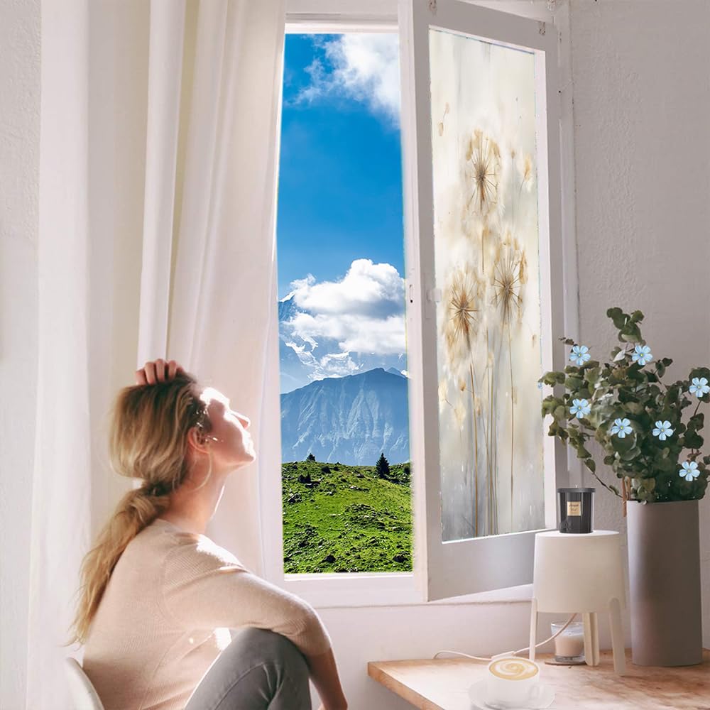 Sichtschutzfolie im Vintage-Stil, abstrakt, Löwenzahn, Aquarell, rustikal, Naturpflanze, Milchglas, Fensterfolie, dekorativ, statisch haftend, für Glas für Zuhause, 90 x 160 cm