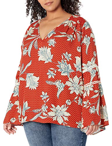 Jessica Simpson Women's Plus Size Scarletti Smocked Waist Top, Ketchup Etched Lotus, 2X