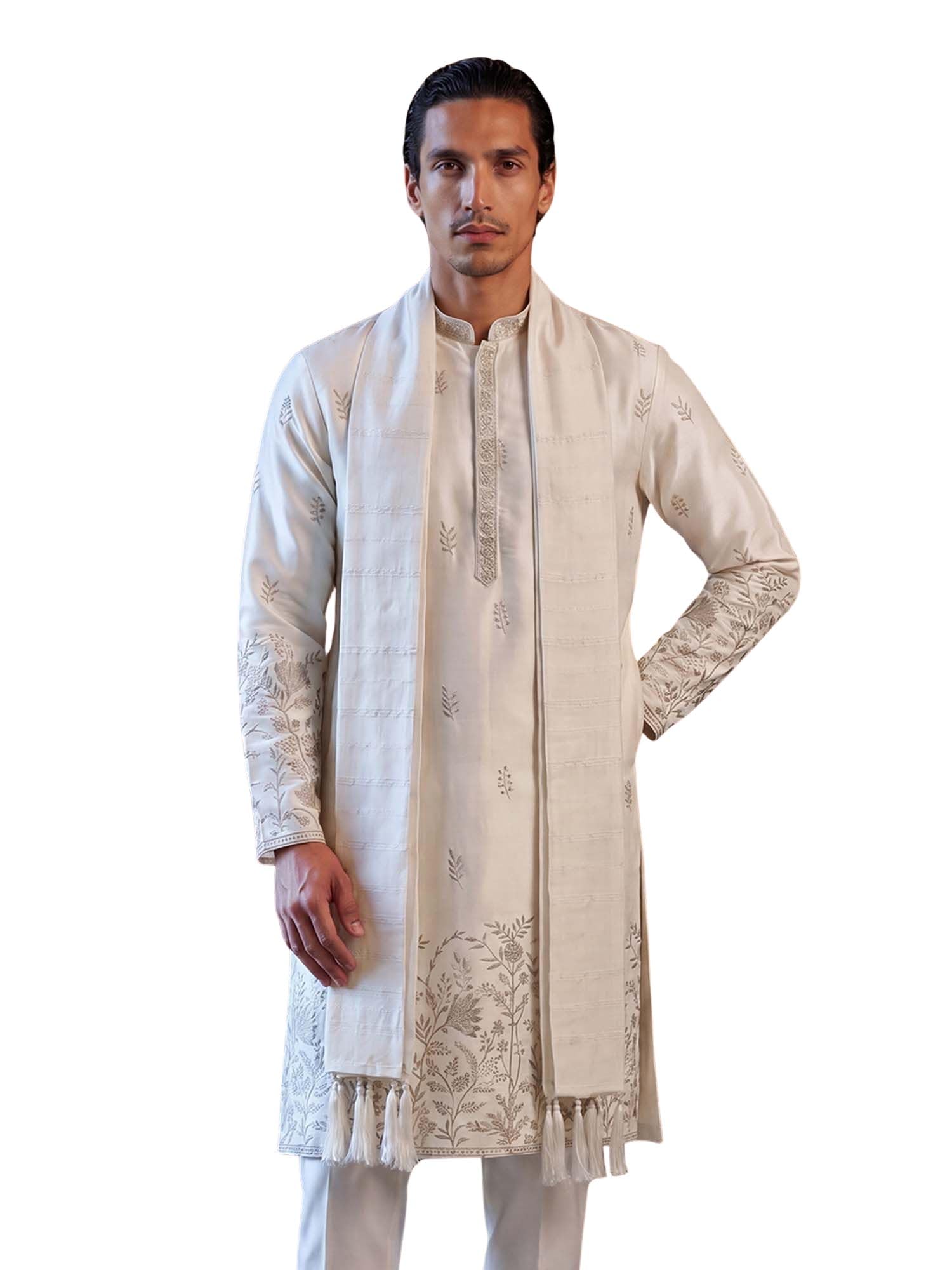 Men'S White Silk Blend Embroidered Design Calf Length Kurta Set | Men'S | Floral Design Kurta Set For Men | Straight Fit Kurta For Men-image-37