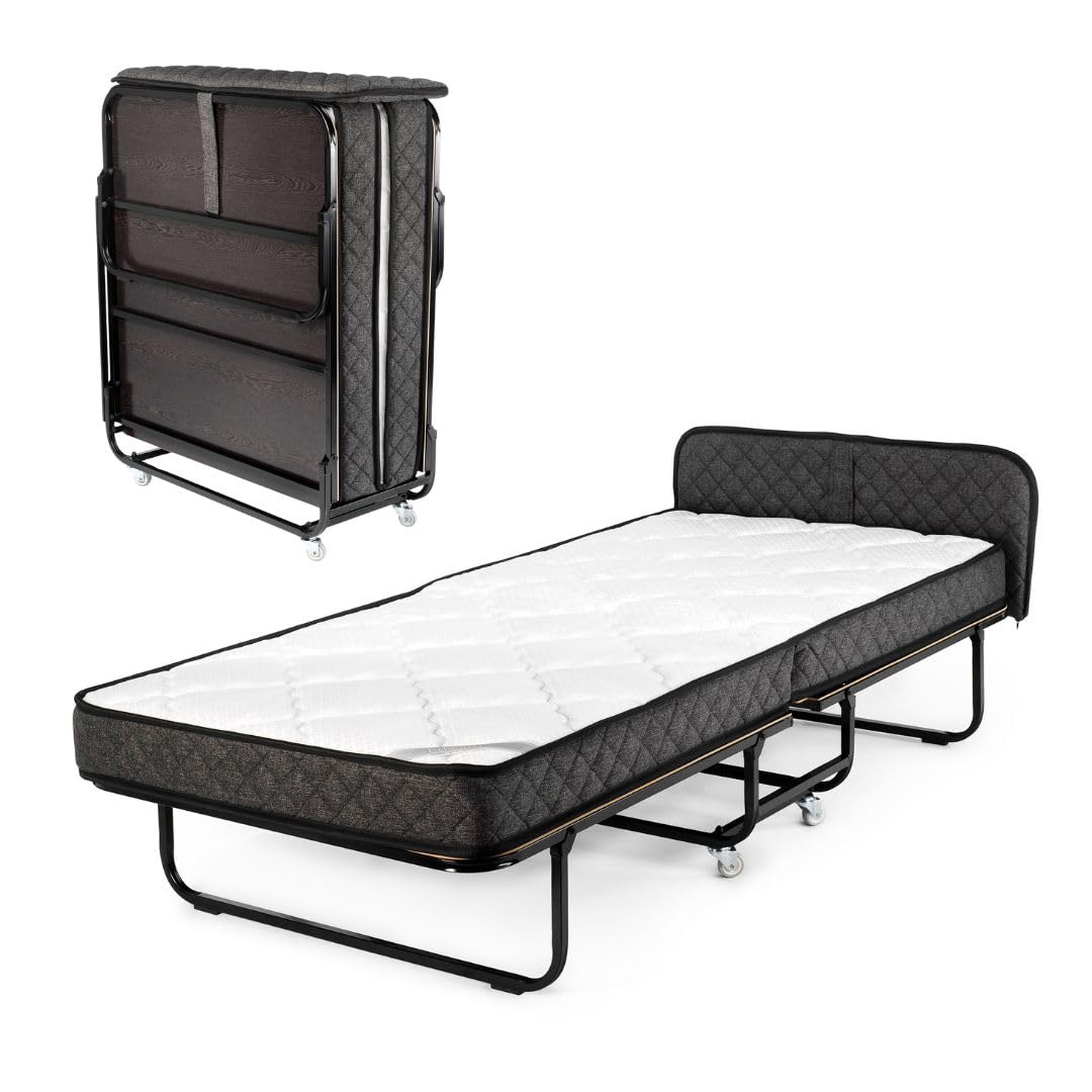 Edward Bed & Bath klappbares Gästebett mit Rollen, 90x200 cm, 14 cm Federkernmatratze (mittelfest), platzsparend, stabil und belastbar, Klappbett, grau anthrazit