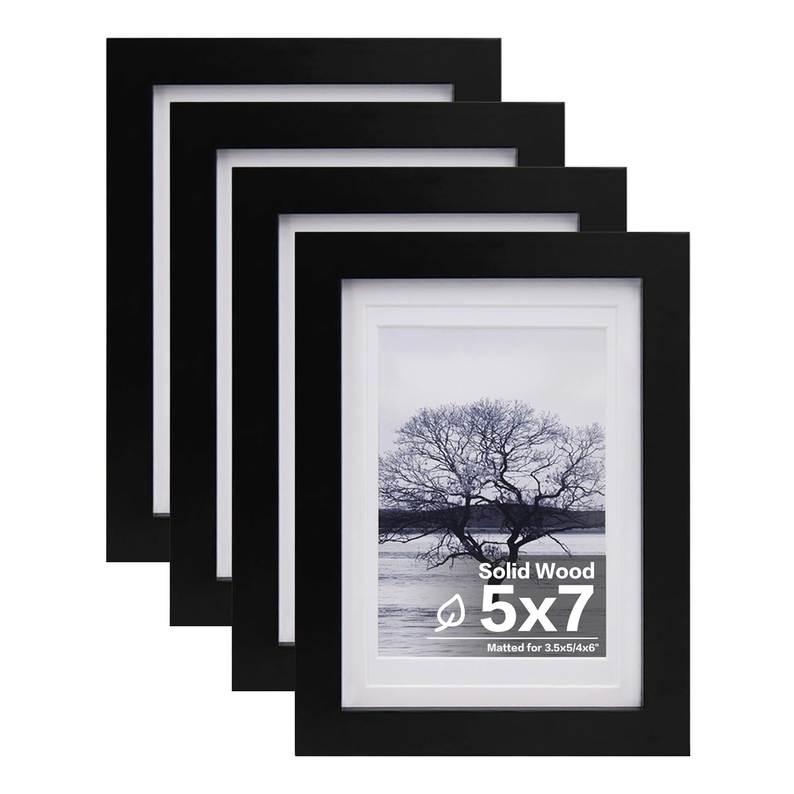 Egofine 5x7インチ 写真フレーム 4個 - 無垢材製 プレキシガラスで覆われたマット 4x6 3.5x5インチ テーブルトップディスプレイ用 壁取り付けフォトフレーム ブラック