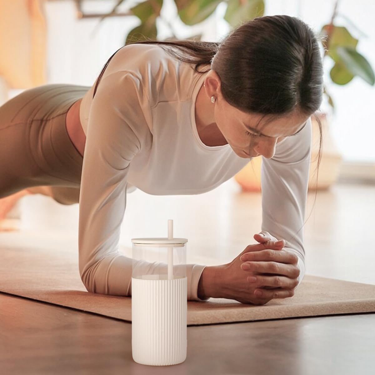 SANDJEST Glass Tumbler with Straw and Lid, Glass Water Bottle with Silicone Sleeve 20oz, Smoothie, Iced Coffee Cup, Gifts for Women Teen Girls Birthday Christmas (Cream) - Image 7