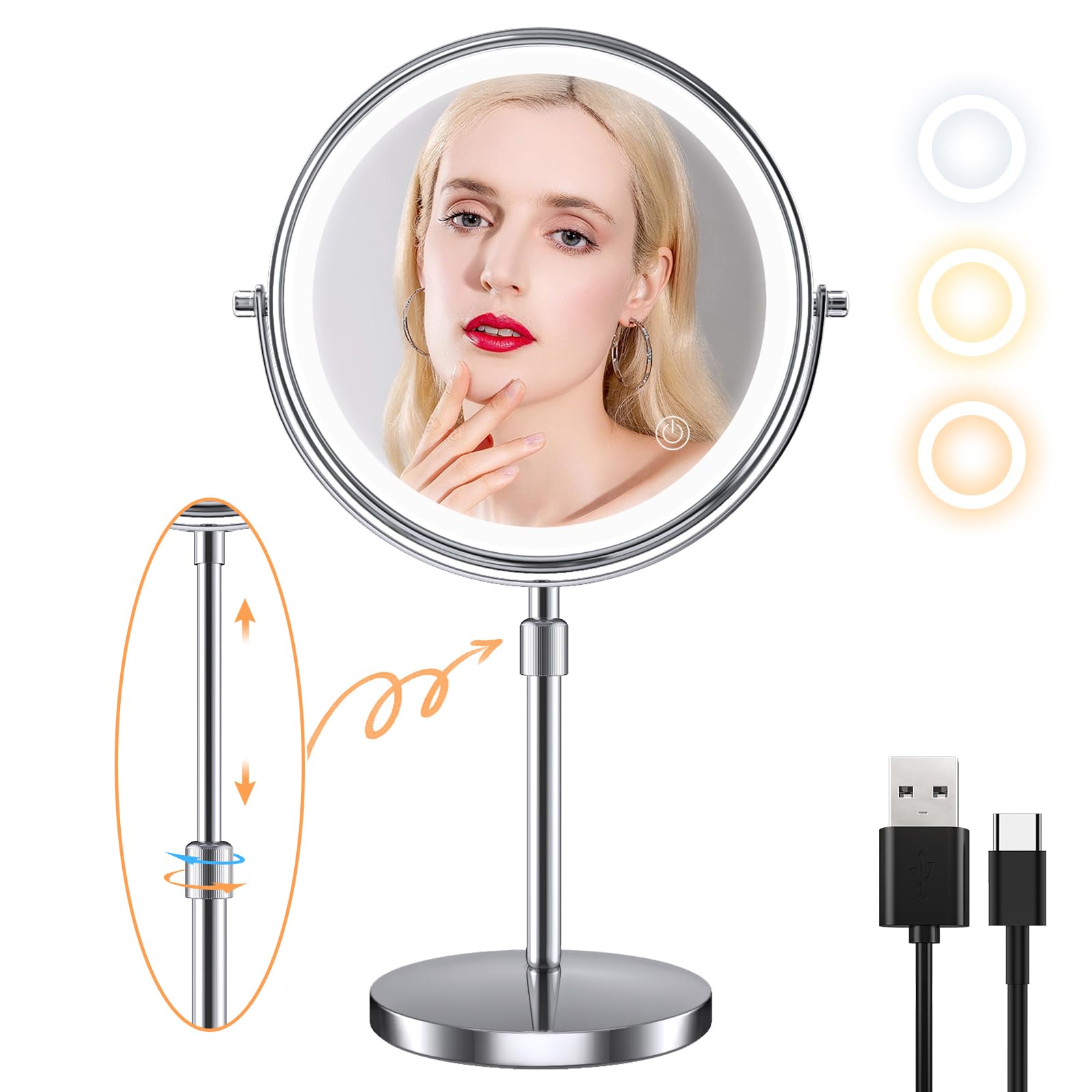 Kosmetikspiegel mit Licht, 20,3 cm, verbessert, Make-up-Spiegel, doppelseitig, 1 x 10-fache Vergrößerung, höhenverstellbar, Make-up-Spiegel mit Licht, 3-Farb-Beleuchtung, Touch-Sensor-Dimmung