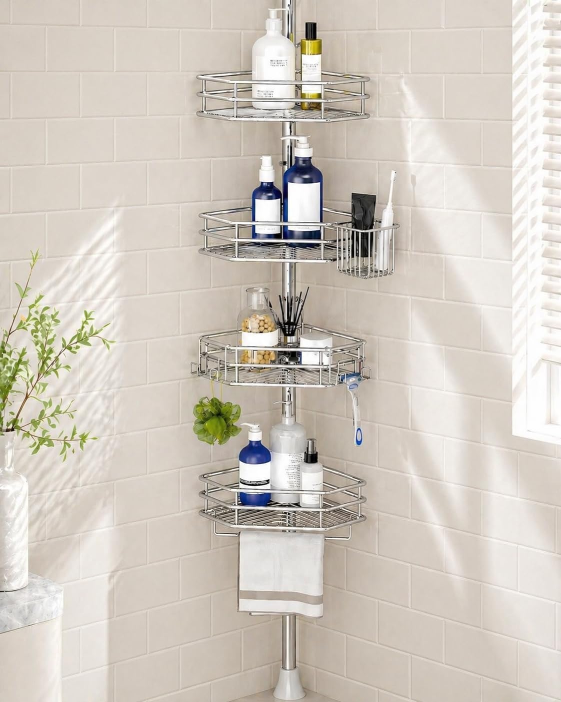 Photo 1 of SEIRIONE Corner Shower Caddy Tension Pole, Quick Setup, Rust-Free Bathroom Shower Organizer Corner for Bathtub Shampoo Storage, 4-Tier Adjustable Shelf, Drill Free, Fits 34 to 116 Inch Height, Silver