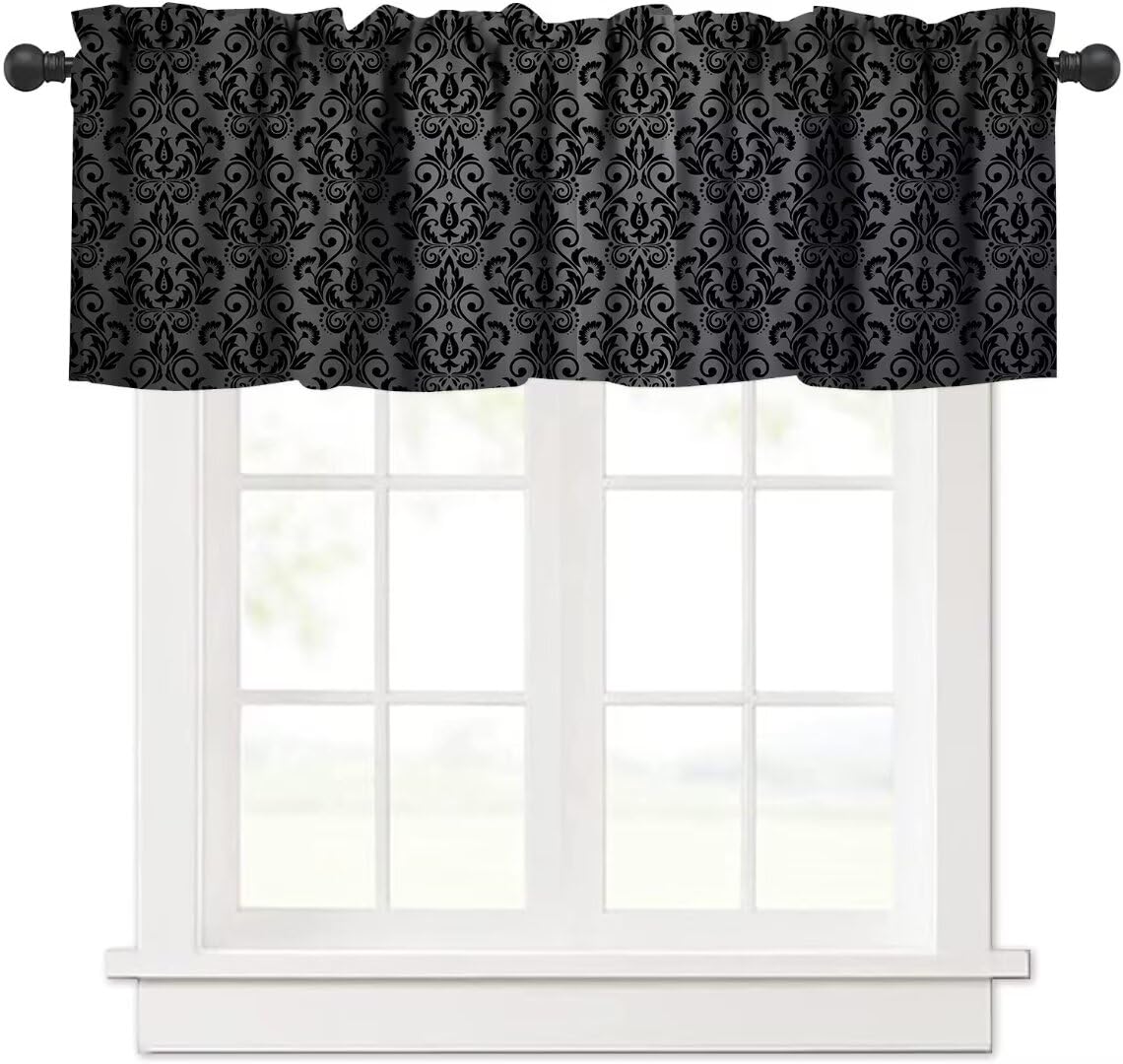 JanJCurt Black Damask Window Valance, Antique Victorian Style Gothic Vintage Black Floral Bohemian Exotic Print Blackout Short Curtain Treatment for Living Room Bedroom, 54x18inch