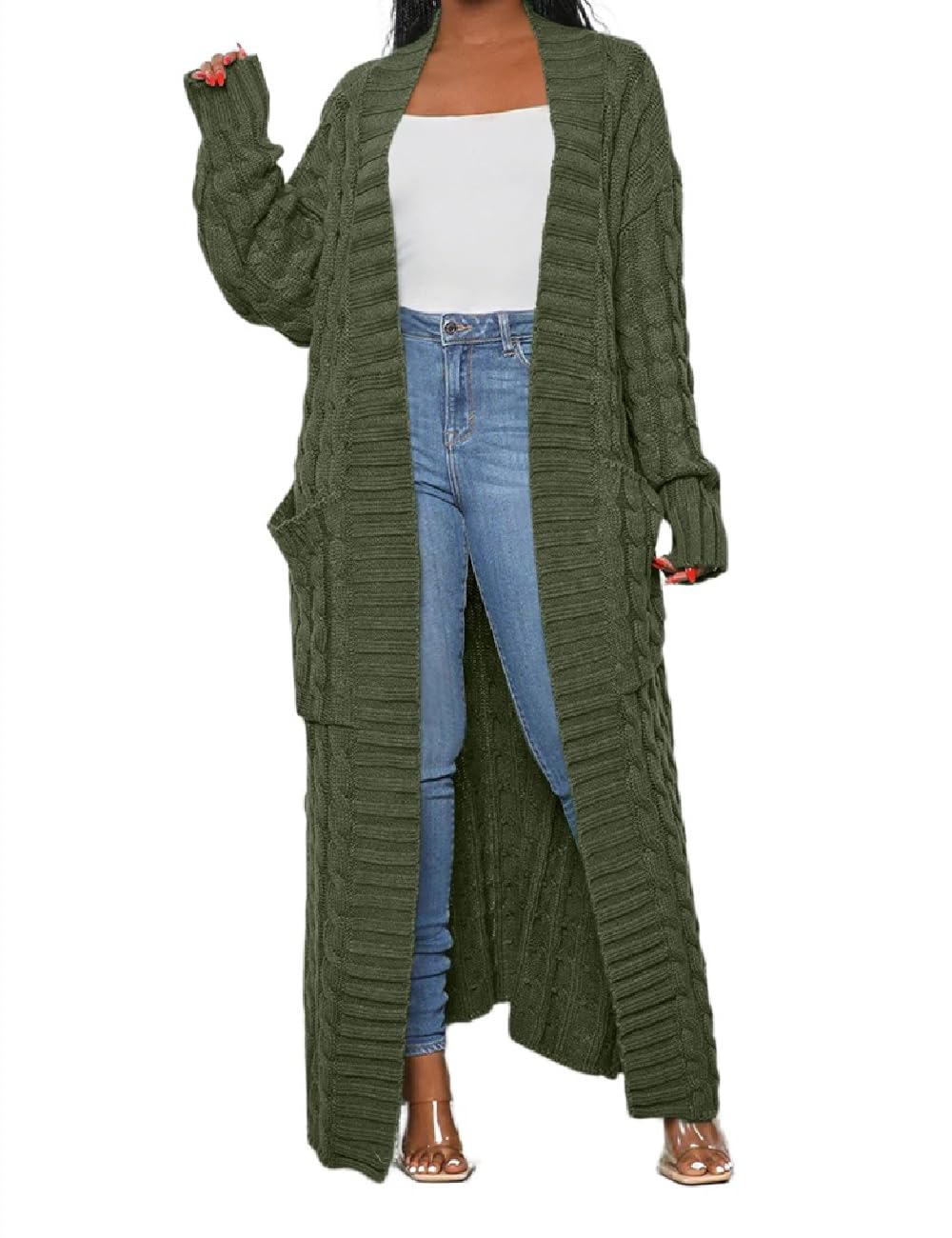 Womens Thin Stylish Cable Knit Dual Extra Long Maxi Cardigan with 2-Pockets
