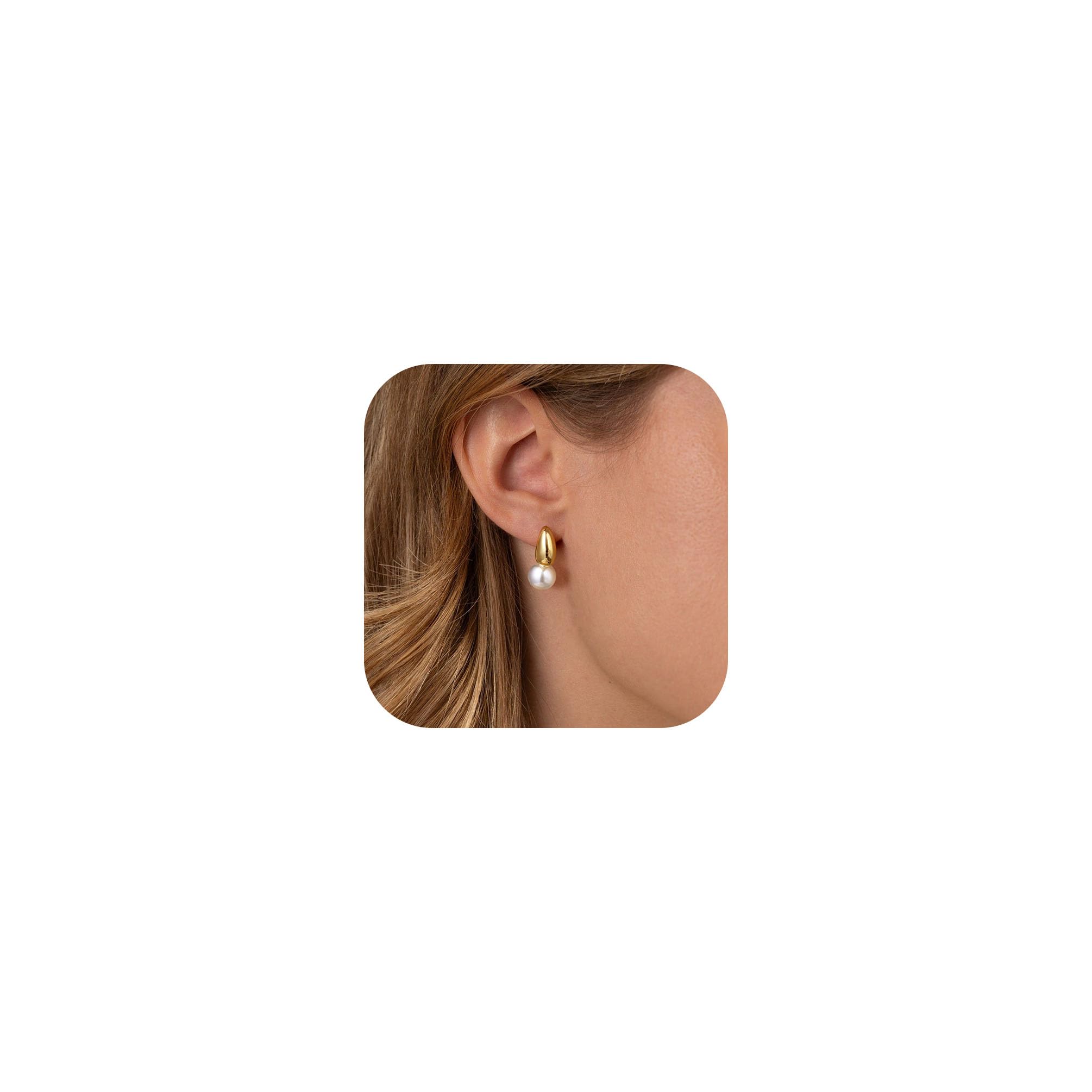 CHESKYPearl Earrings for Women, Dainty 14K Gold Plated/925 Sterling Silver Drop Quality Handpicked AAA+ Freshwater Cultured Round Pearls Dangle Earrings Wedding Jewelry for Women Gifts
