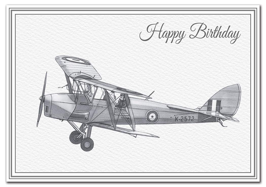 Unusual Birthday Cards - Unique Airplane Handmade Drawings Special WW2 Military (Tiger Moth Biplane Aircraft Card)