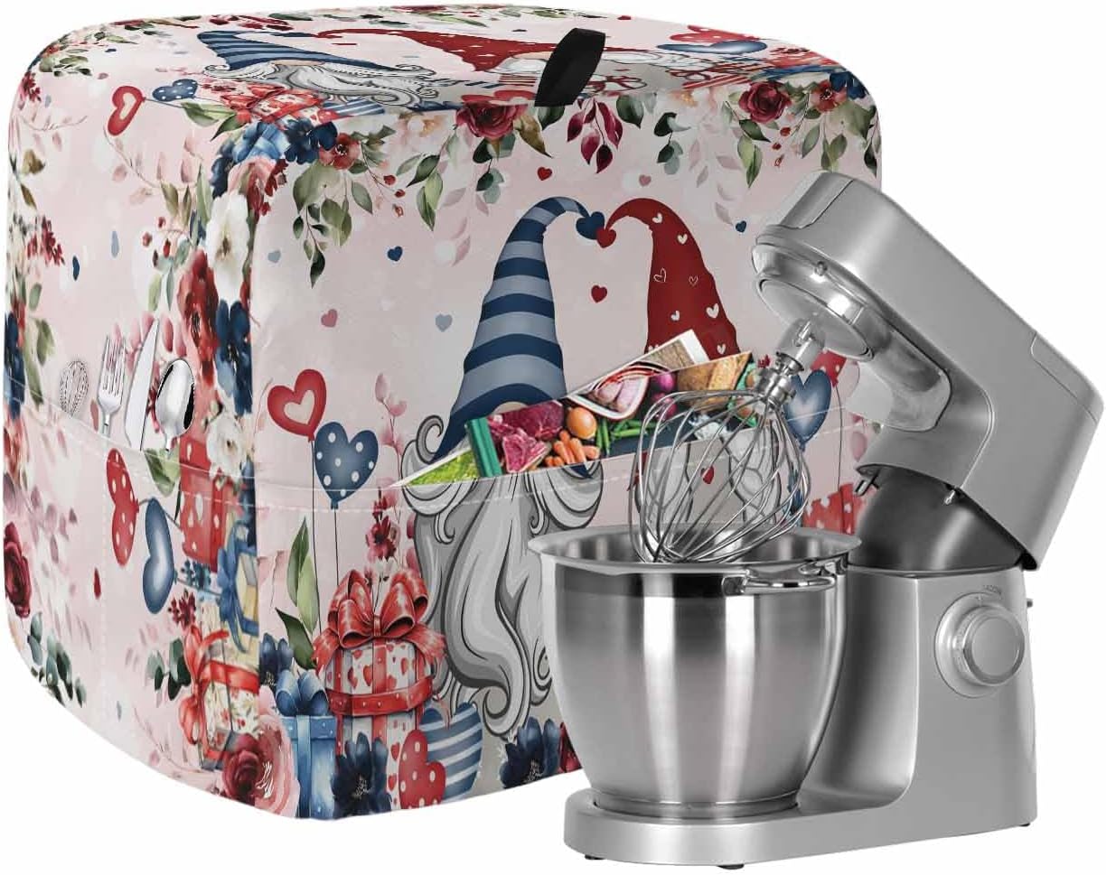 Stand Mixer Cover with Storage Pocket, Pink Valentine's Day Waterproof Kitchen Mixer Covers, Spring Floral Eucalyptus Leaves Gnomes Kitchen Appliance Dust Cover Compatible with 4/4.5 Quart Mixers