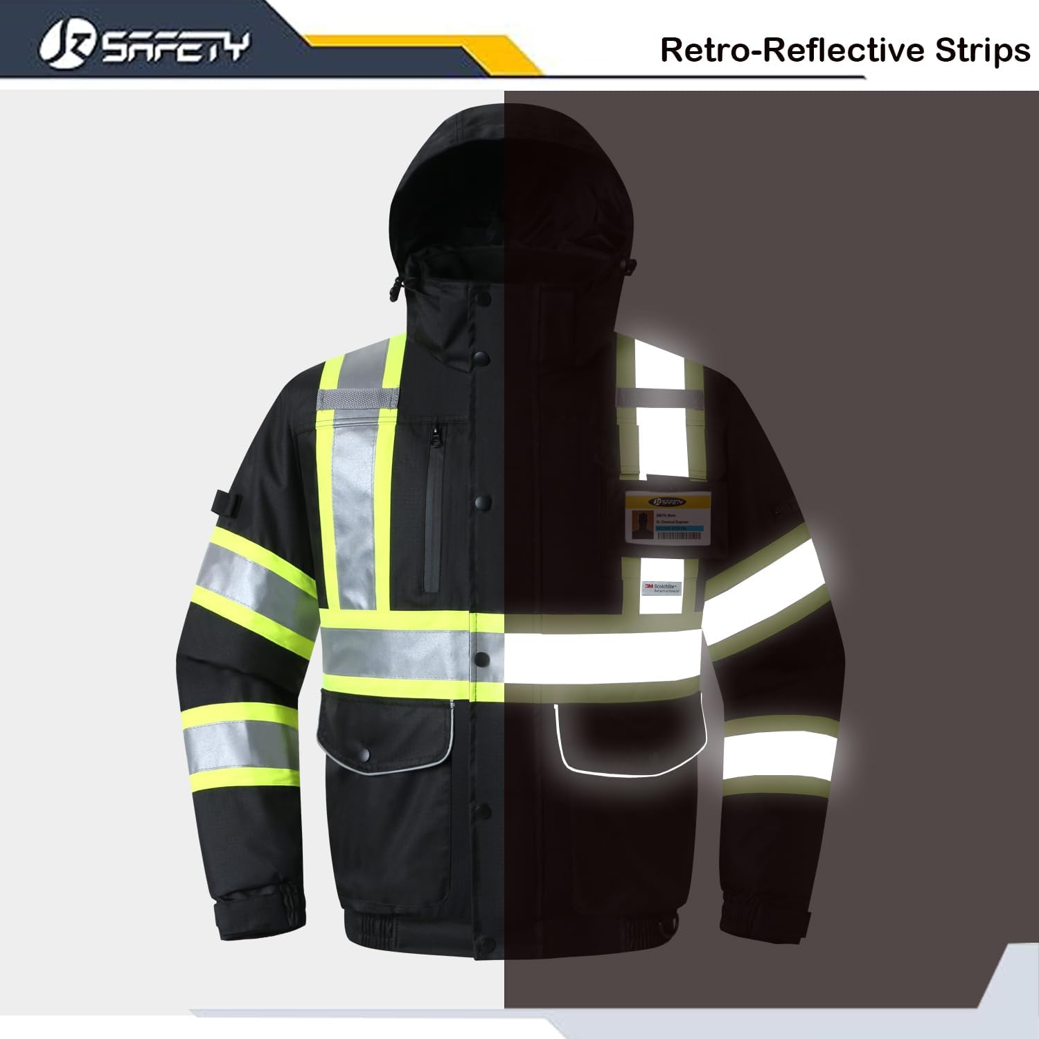 JKSafety 10 Pockets Hi-Vis Waterproof 3M Reflective Winter Bomber Jacket | Black Color | Secured Tablet Pocket | Detachable Hood and Retractable ID Pocket | ANSI Compliant (118-Black, Large) - Image 3
