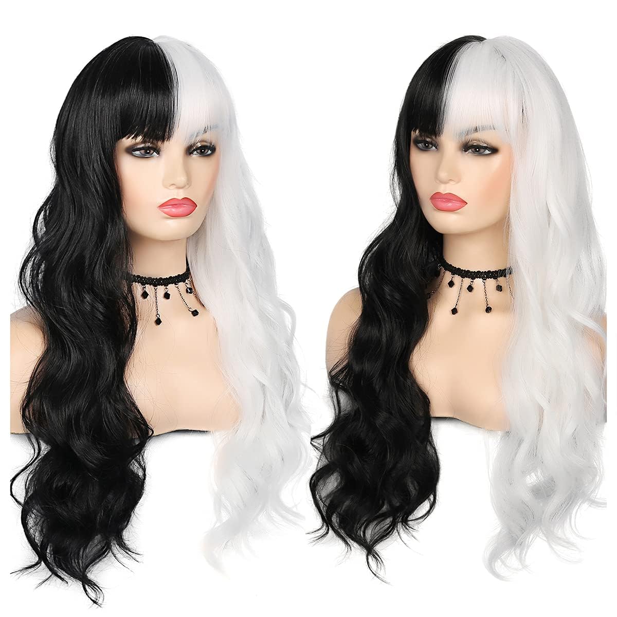 Half Black Half White Wig Long Curly Wavy Synthetic Heat Resistant Bangs Wig for Women