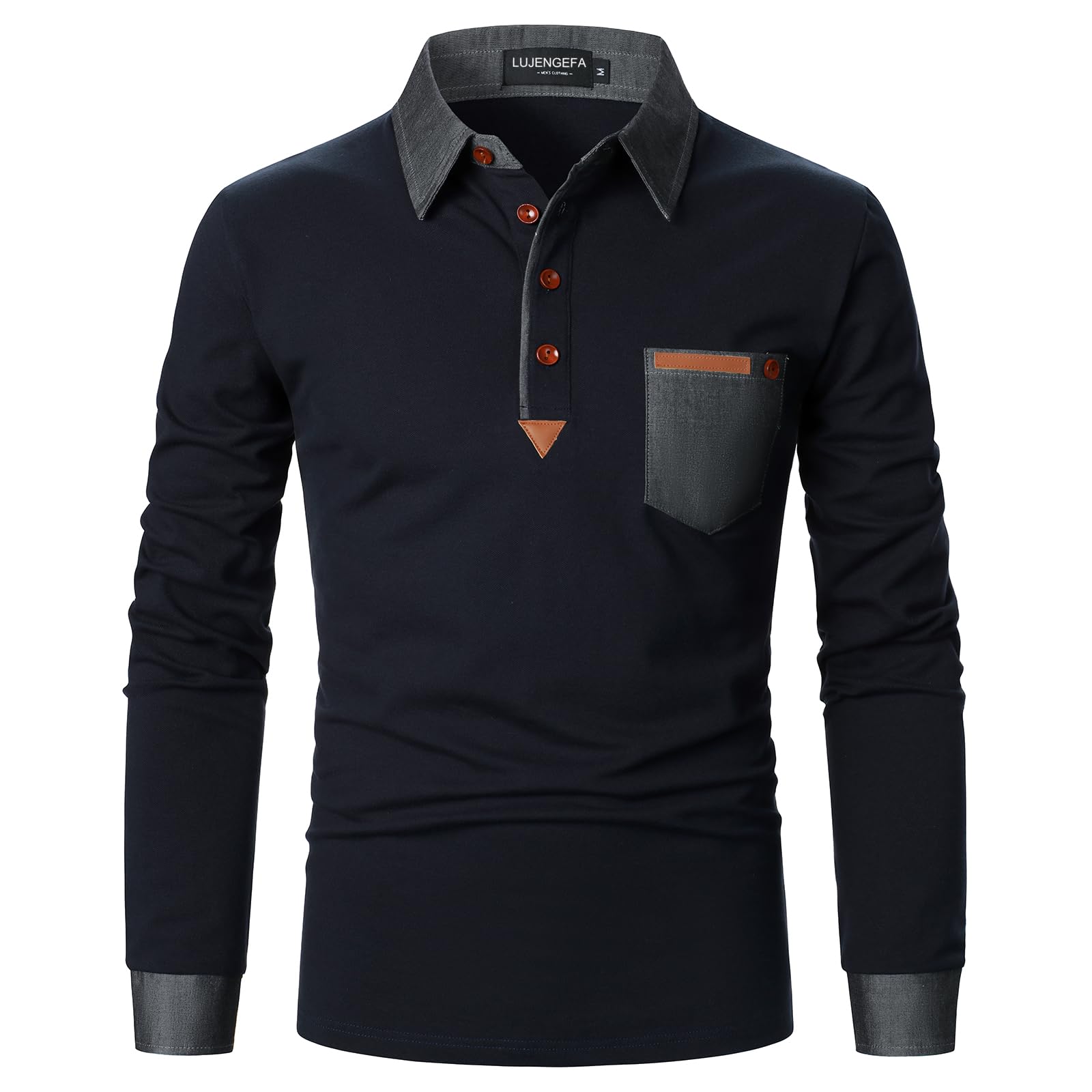 LUJENGEFA Long Sleeve Polo Shirts for Men Stylish Patchwork Contrasting Color Golf Polos Cotton Polo Shirt Tops with Pocket Navy Blue XL