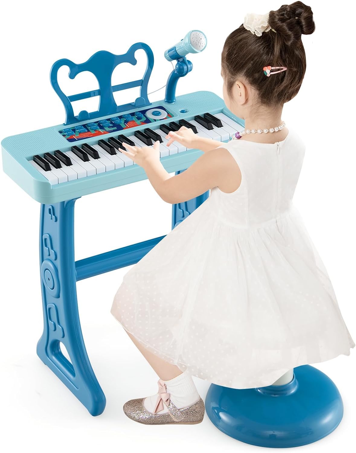 RELAX4LIFE Piano Infantil 37 Teclas con Micrófono, Taburete, Atril, Grabación y Reproducción, Volumen Ajustable, Karaoke Infantil con 22 Canciones, 4 Ritmos, 4 Instrumentos para Niños 3+ Años (Azul)