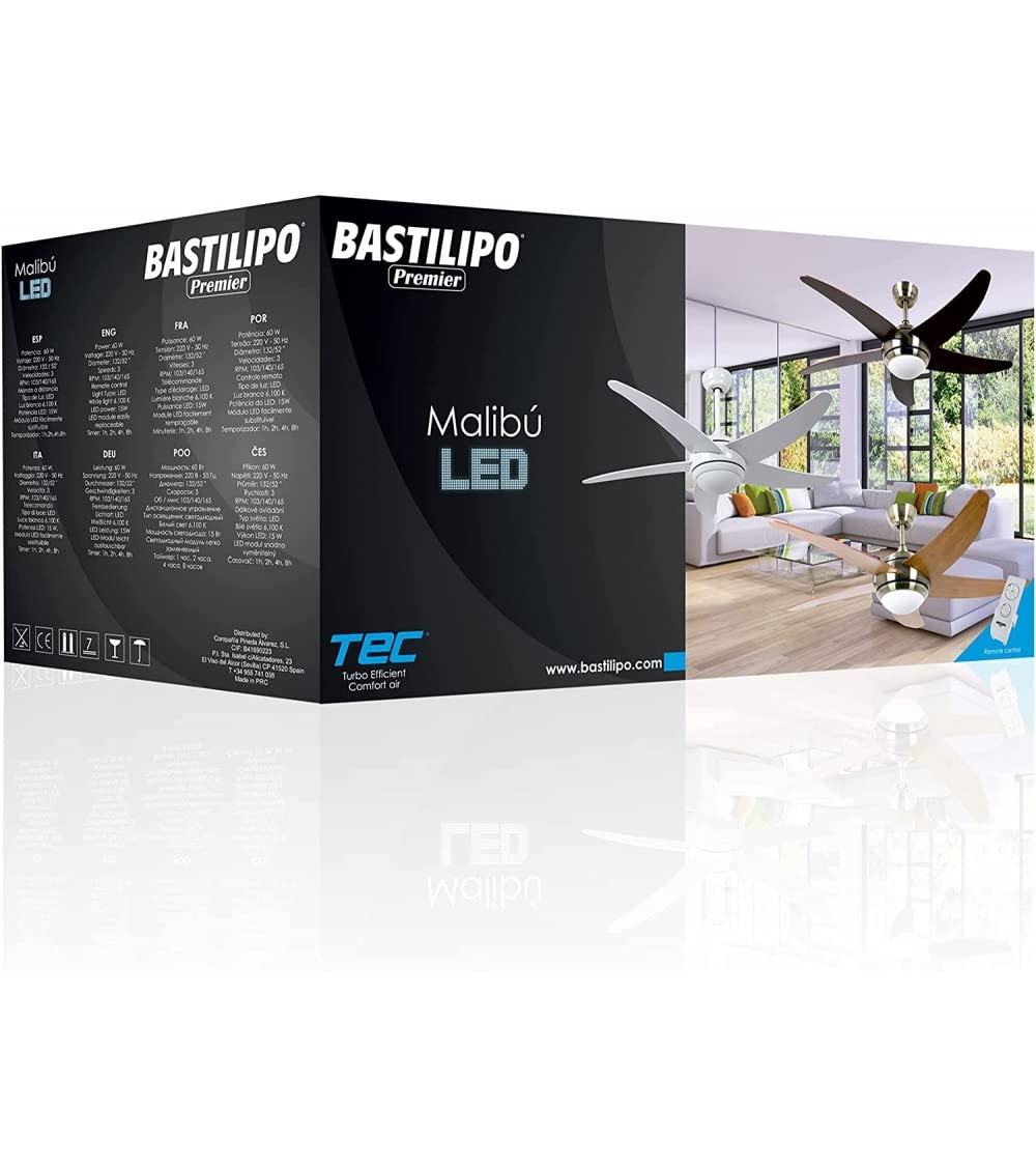 Bastilipo - Malibú NIQUEL 3 LED - Ventilador de techo con mando a distancia y luz LED - 5 Palas reversibles - 132 cm - Color Nogal + Haya