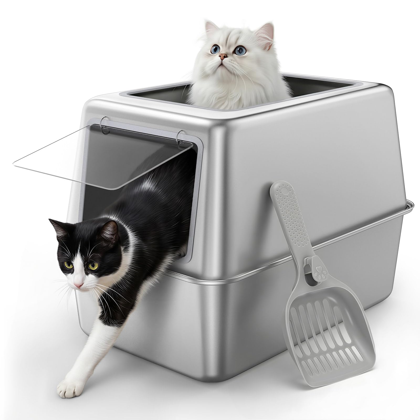 Barhon Edelstahl Katzenklo mit Deckel XL, Geschlossene Katzentoilette für Große Katzen, Geruchsneutralisierend & Auslaufsicher, Hop In Katzenklo Oben Einstieg mit Schaufel, 60 x 40x 35 cm