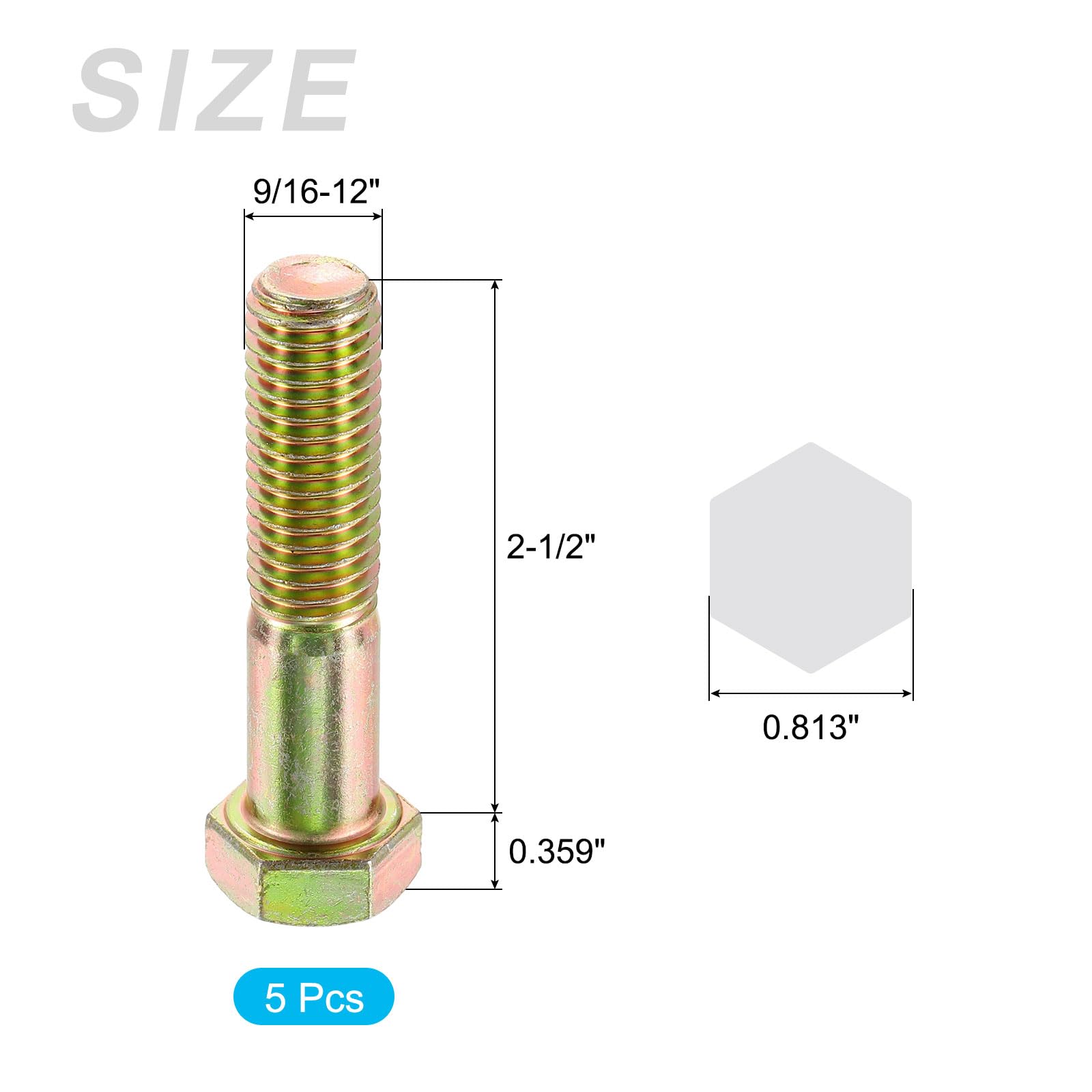 METALLIXITY Hex Bolts (9/16-12 x 2-1/2") 5Pcs, 8 Grade Carbon Steel Zinc Plated, UNC Coarse Thread, External Hex Drive - Image 2