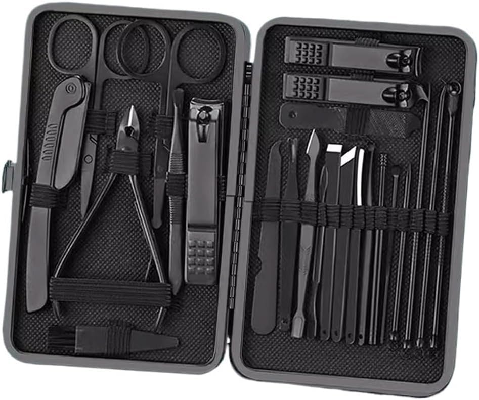 Nail Clippers Kit Black Nail Clippers Set Full Set of Men's Nail Clippers Set Box Acne Needles Nail Groove Special Pedicure Knife Tools for Home Use Manicure Pedicure Kit(Black,24PCS)