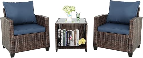 HTTH Juego de muebles de mimbre para patio, sillas de patio, muebles de patio al aire libre con mesa de almacenamiento para porche, balcón, césped