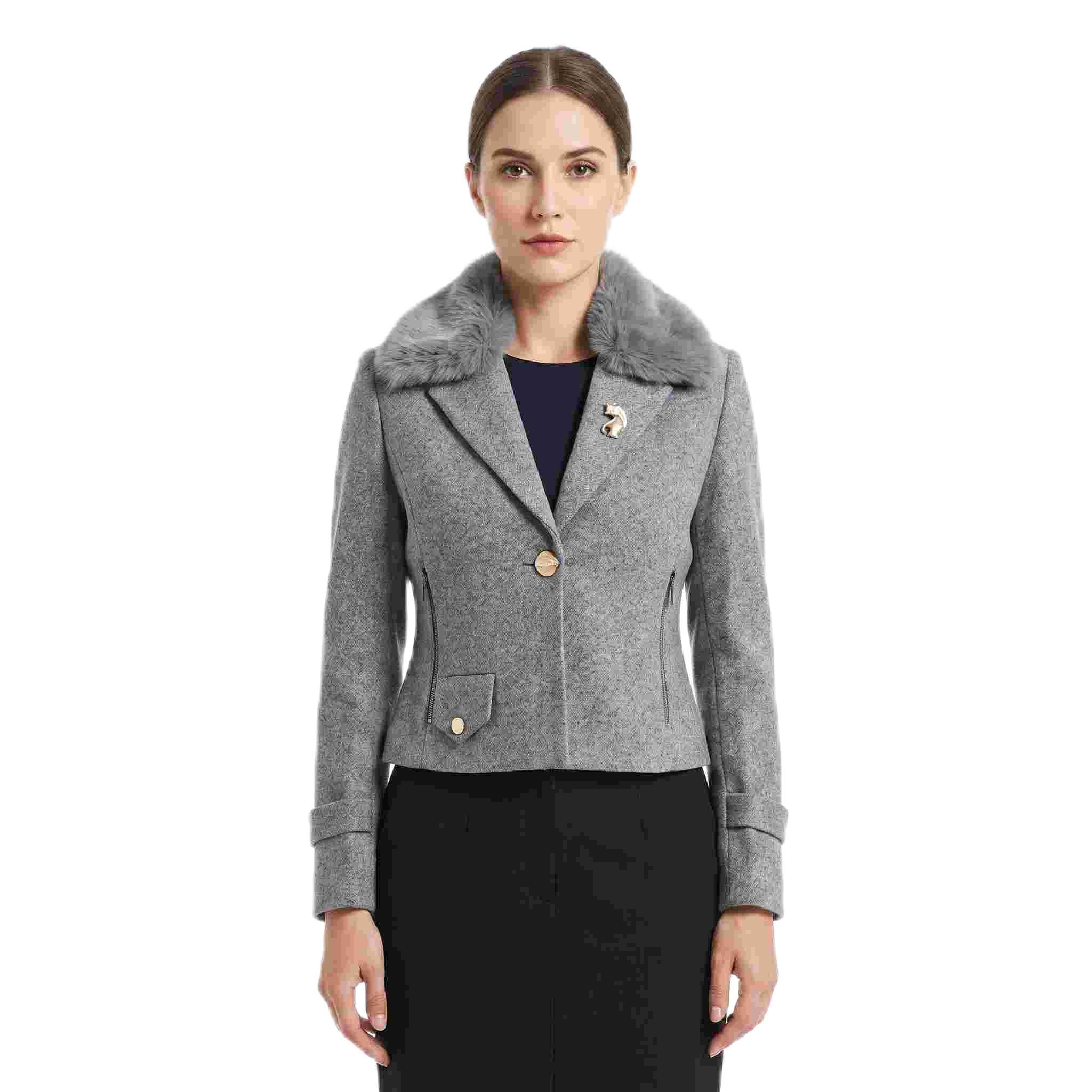 Women's Cropped Blazer with Faux Fur Collar - Tailored Single Button Short Jacket for Office, Business Casual & Formal Wear Grey-image-25