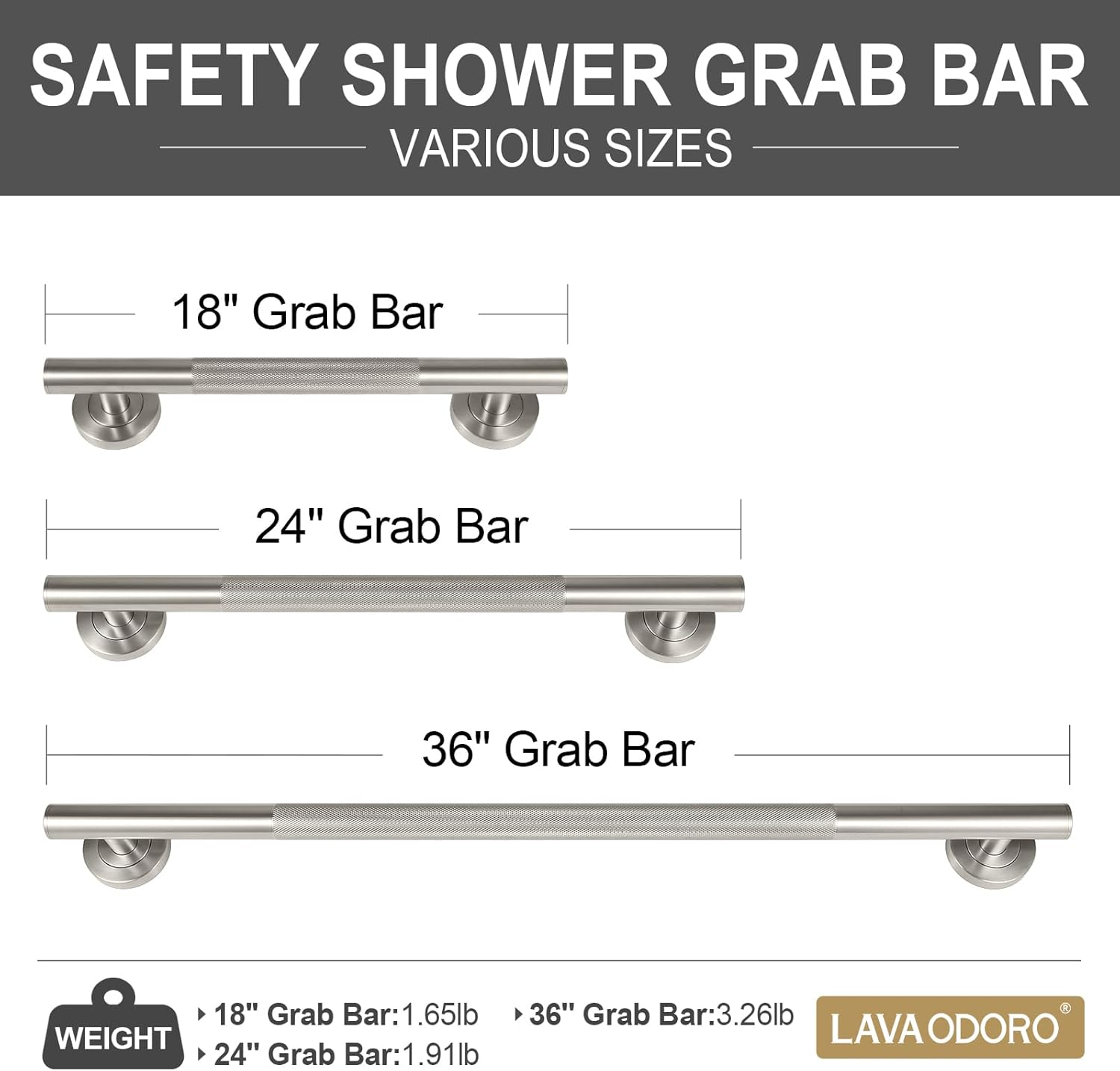 Lava Odoro Shower Grab Bars, 3 Pack Stainless Steel Bathroom Safety Grab Bar 36" 24" 18", Upgrade Anti-Slip Knurling Shower Grab for Bathtub, Shower Handles for Elderly and Handicap, ADA Compliant