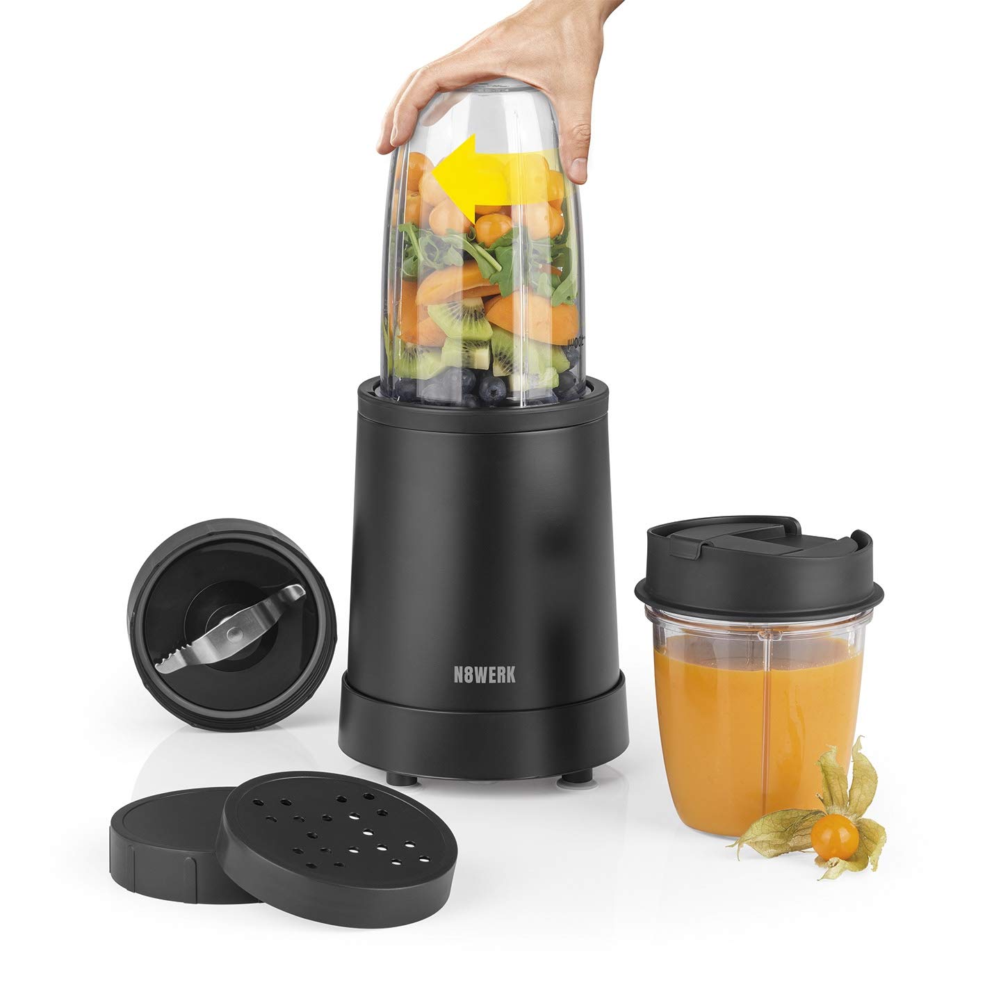 Nutrition mikser w edycji Midnight, mikser stojący do smoothies i koktajli, funkcja Ice Crush, ostrza ze stali nierdzewnej, pojemnik do miksowania 700 ml i 350 ml z pokrywką To-Go, 800 W,