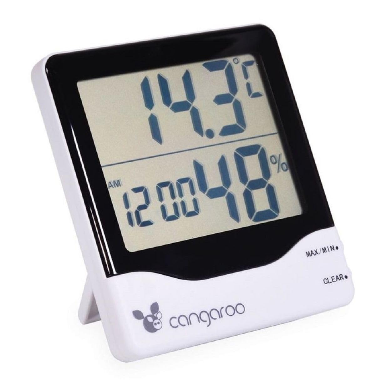 Priekyje view of the Cangaroo 3-in-1 device displaying temperature, time, and humidity.