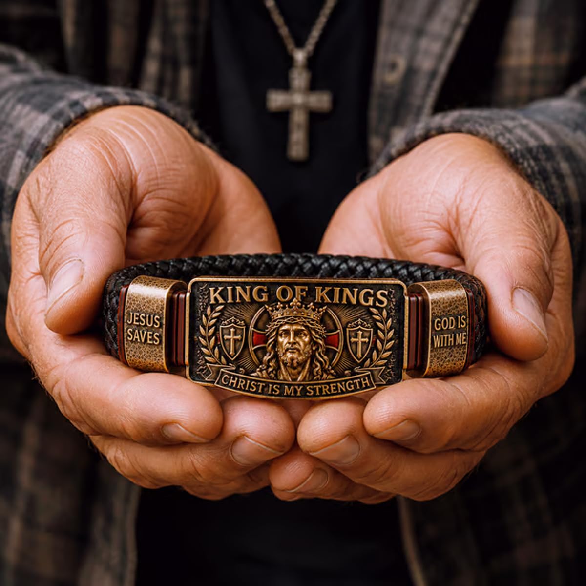 Bransoletka King of Kings Faith – regulowana chrześcijańska opaska na rękę, 'Jesus Saves Cross Cuff Bangle', inspirująca biżuteria religijna dla męża, taty, syna, Chrystus jest moją siłą