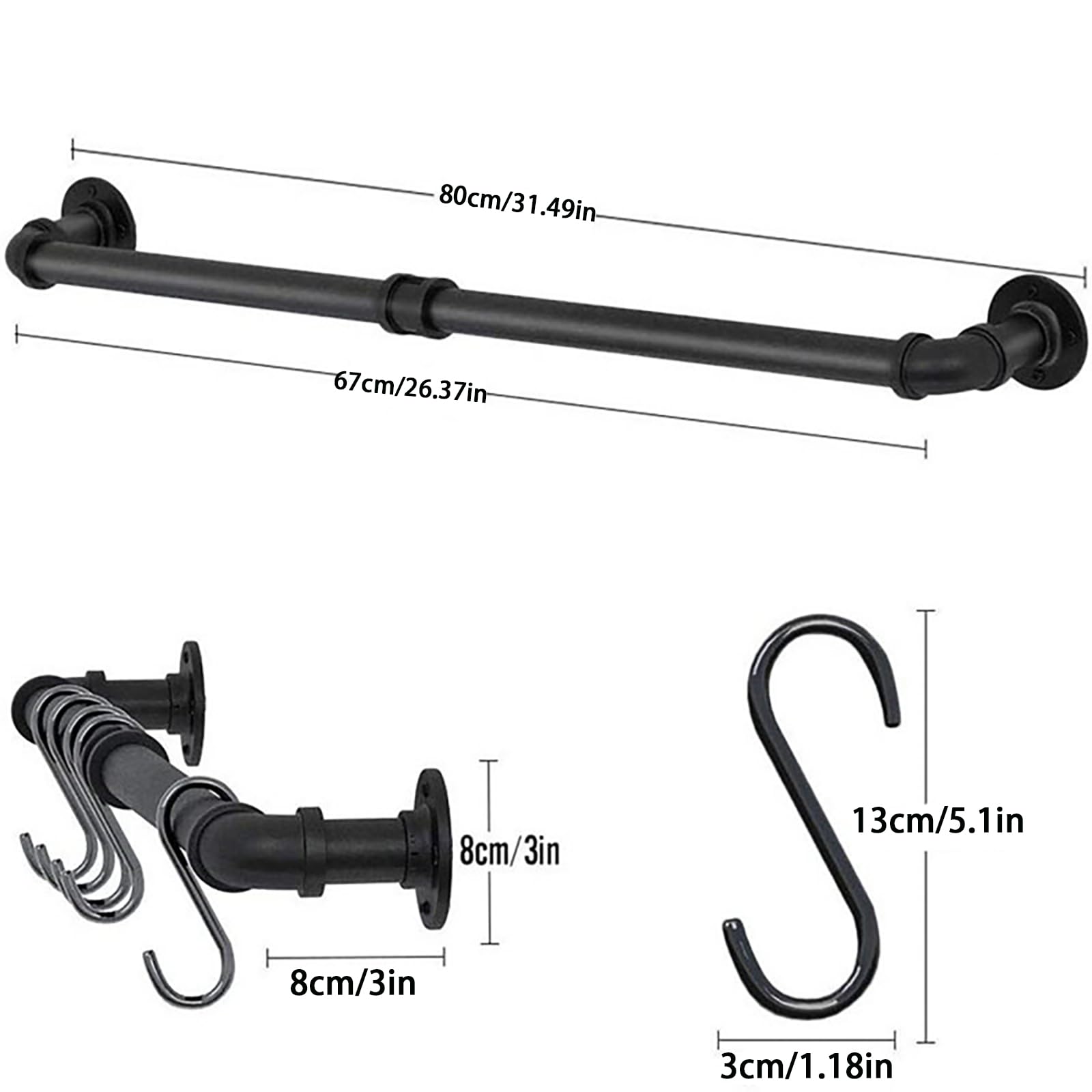 Estante de pared de 31 pulgadas, para utensilios industriales, colgador de pared, tubo de hierro, riel colgante de cocina con 8 ganchos en S para colgar sartenes, utensilios, utensilios de 6