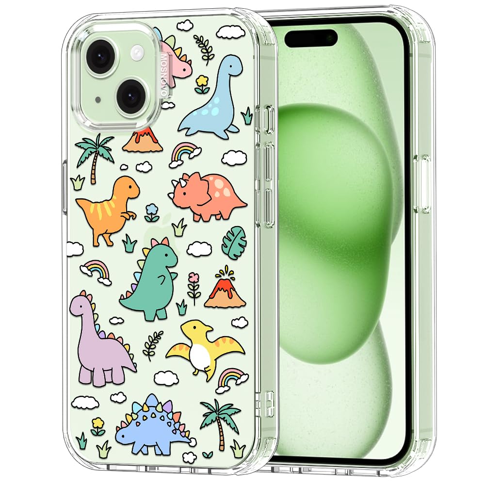 MOSNOVO Case for iPhone 15, [Buffertech 6.6ft Military-Grade Drop Protection] [Anti Peel Off Tech] Clear TPU Bumper Phone Case Cover Design - Dinosaur Land