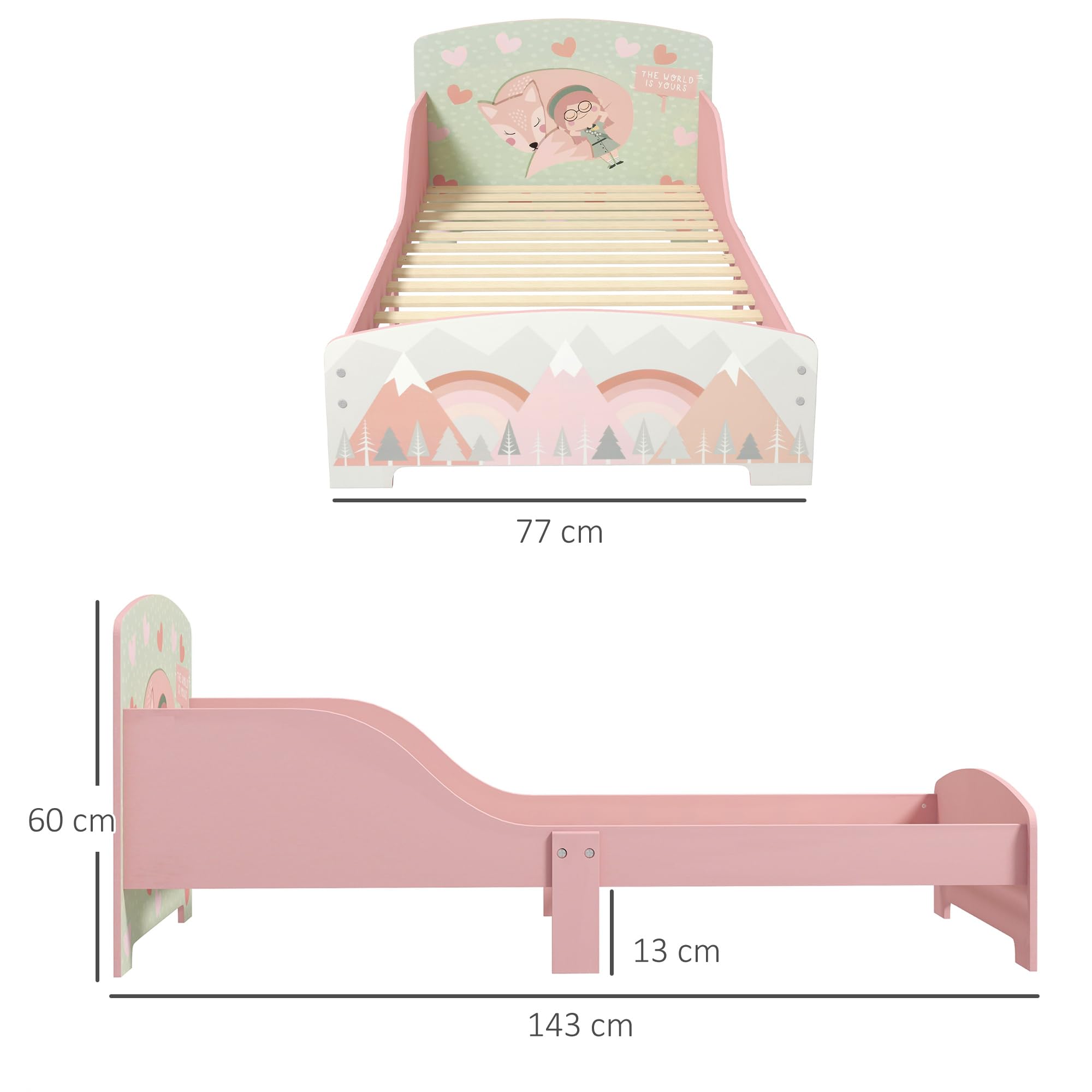 ZONEKIZ Letto per Bambini 3-6 Anni con Bordi Rialzati, Lettino per Bimbi 140x70 cm con Doghe e Fantasia con Animali, Rosa