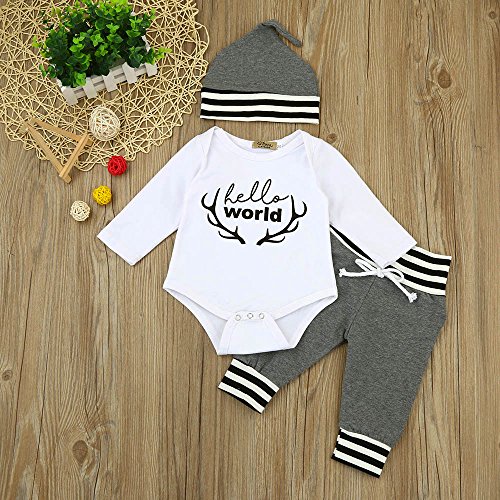 3Pcs Toddler Infant Baby Boy Girl Letter Clothes Set Romper+Pants+Hat Outfits Letter Print Hakama + Striped Trousers + Hat Three-Piece Suit - Thumbnail 4