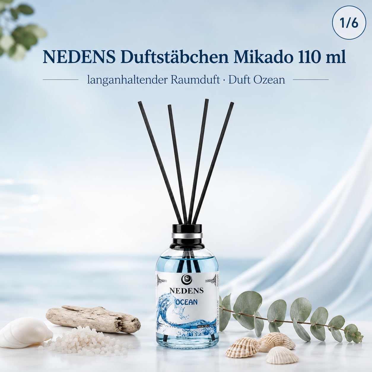Patyczki zapachowe Mikado Ocean dyfuzor 110 ml | Morska świeżość dla salonu, sypialni i biura – pasywny dyfuzor bez prądu, ognia i rozpylania