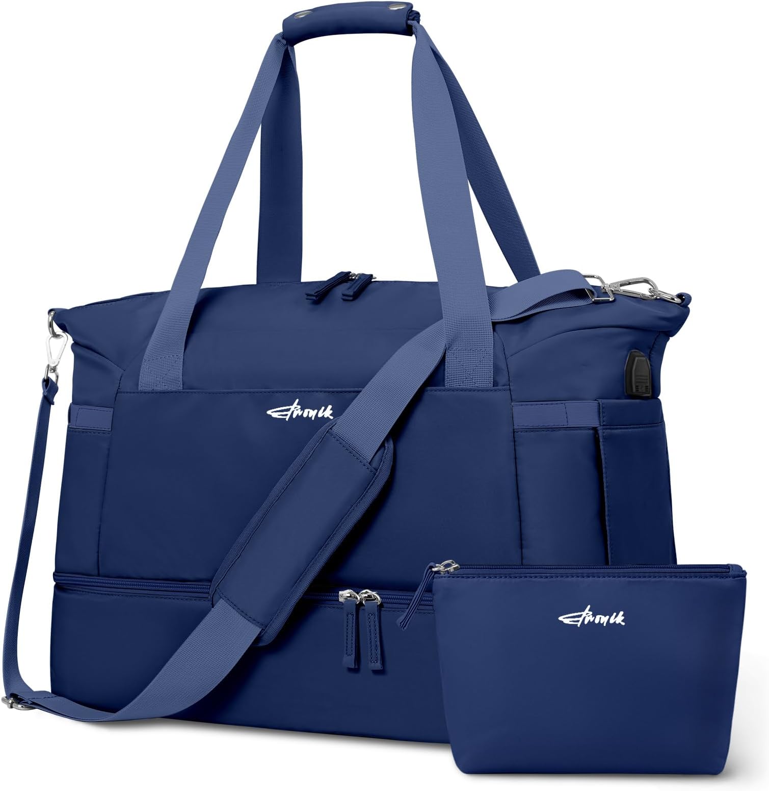 ETRONIK Gym Bag for Women, Travel Duffel Bag with Shoes Compartment, Weekender Bag with USB Charging Port, Dark Blue, Medium
