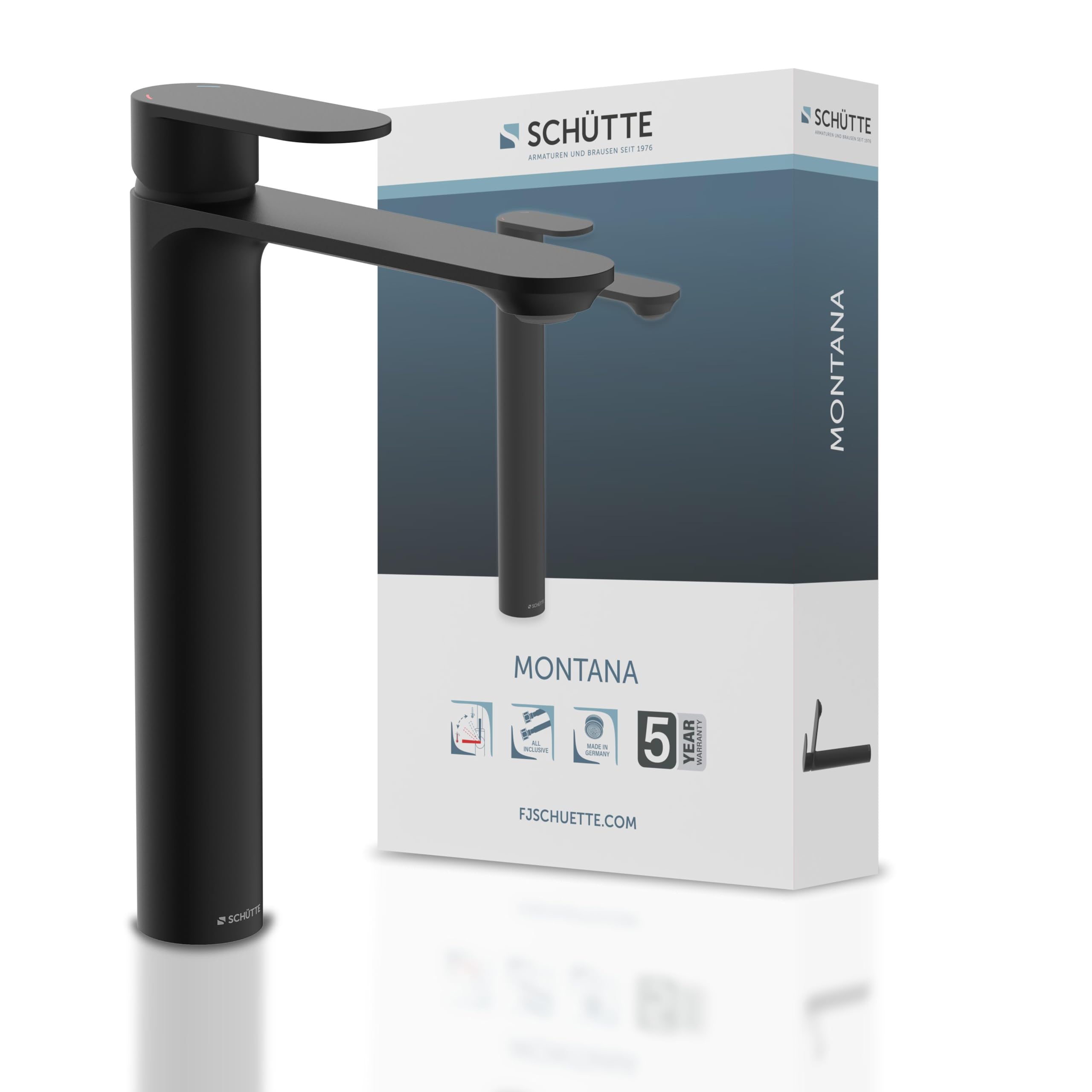 SCHÜTTE MONTANA 32326, rubinetto bagno con beccuccio alto, miscelatore per bagno, miscelatore monocomando per lavabo, miscelatore per lavabo, colore nero