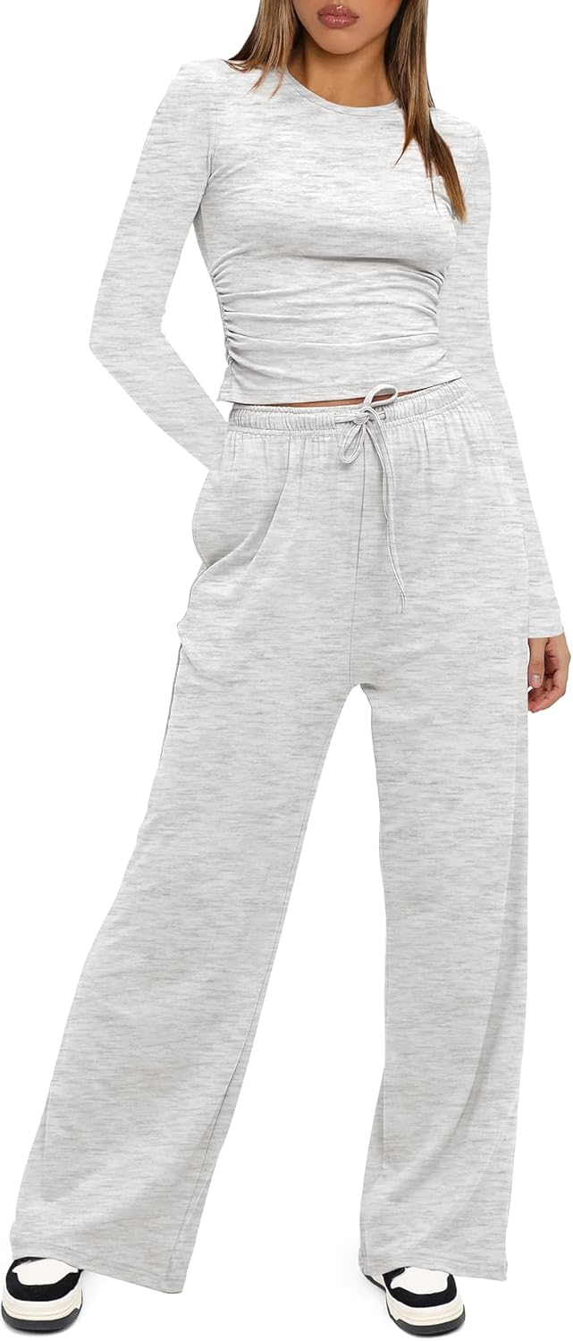 Darong Women's 2 Piece Lounge Sets 2026 Long Sleeve Tops and Wide Leg Pants Set Matching Travel Airport Outfit - Image 3