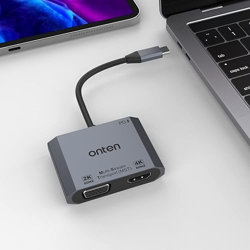 ONTEN Adaptador USB-C a HDMI VGA, 1080P VGA y 4K HDMI, USB-C Thunderbolt 3 a adaptador de monitor dual. Para Thunderbole34, MacBook ProAir, Surface