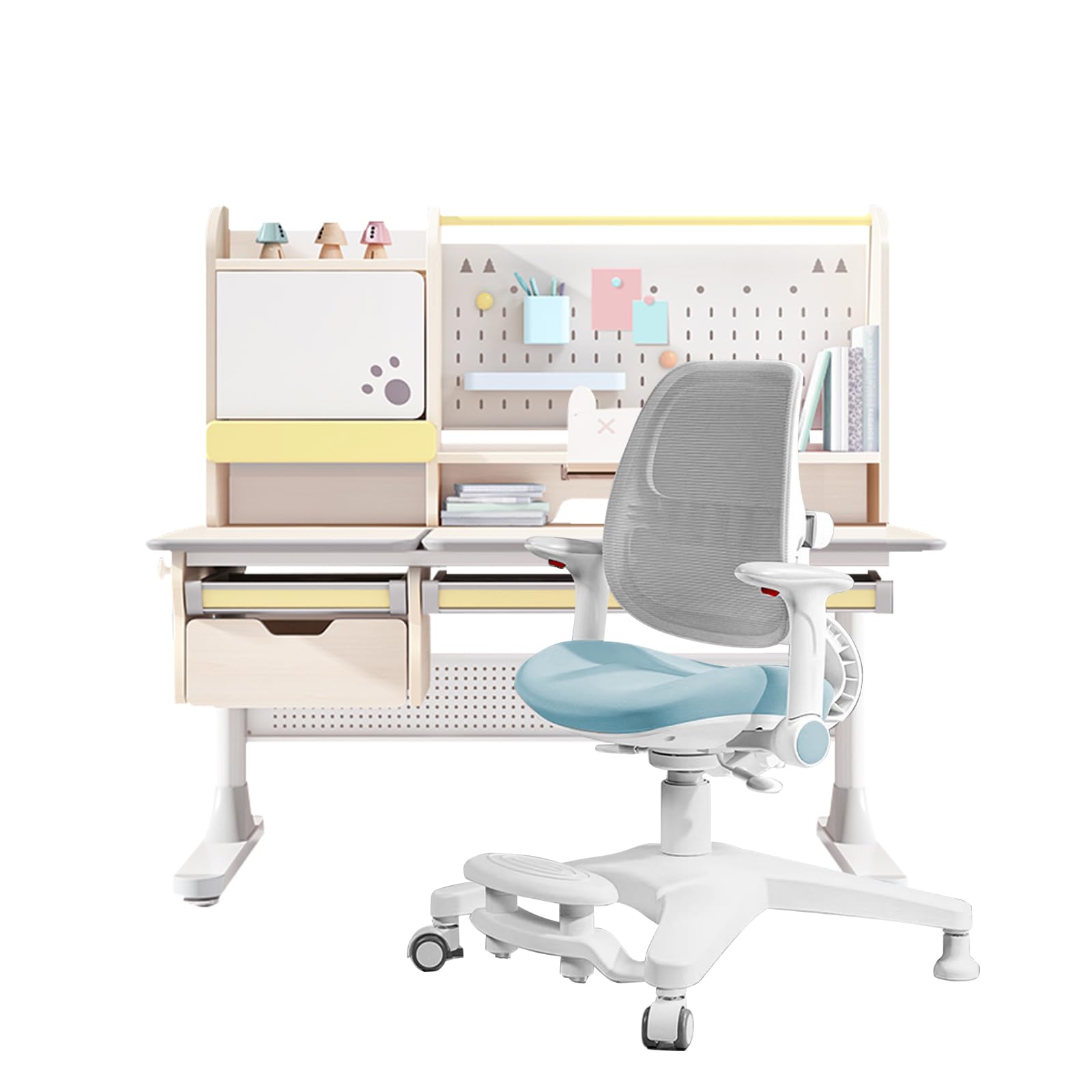 FCD Kids Desk and Chair, Wood Ergonomic Adjustable Multi Function Study Desk and Chair Set, Drafting Table and Computer Station with Tilt Desktop, Tablet Holder, Storage Cabinet and Drawers