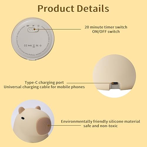 Miniatura 7 de Ammonite Capybara - Luz nocturna de silicona para niños, bonita lámpara de silicona suave para niños, luz nocturna LED USB, lámpara táctil LED para