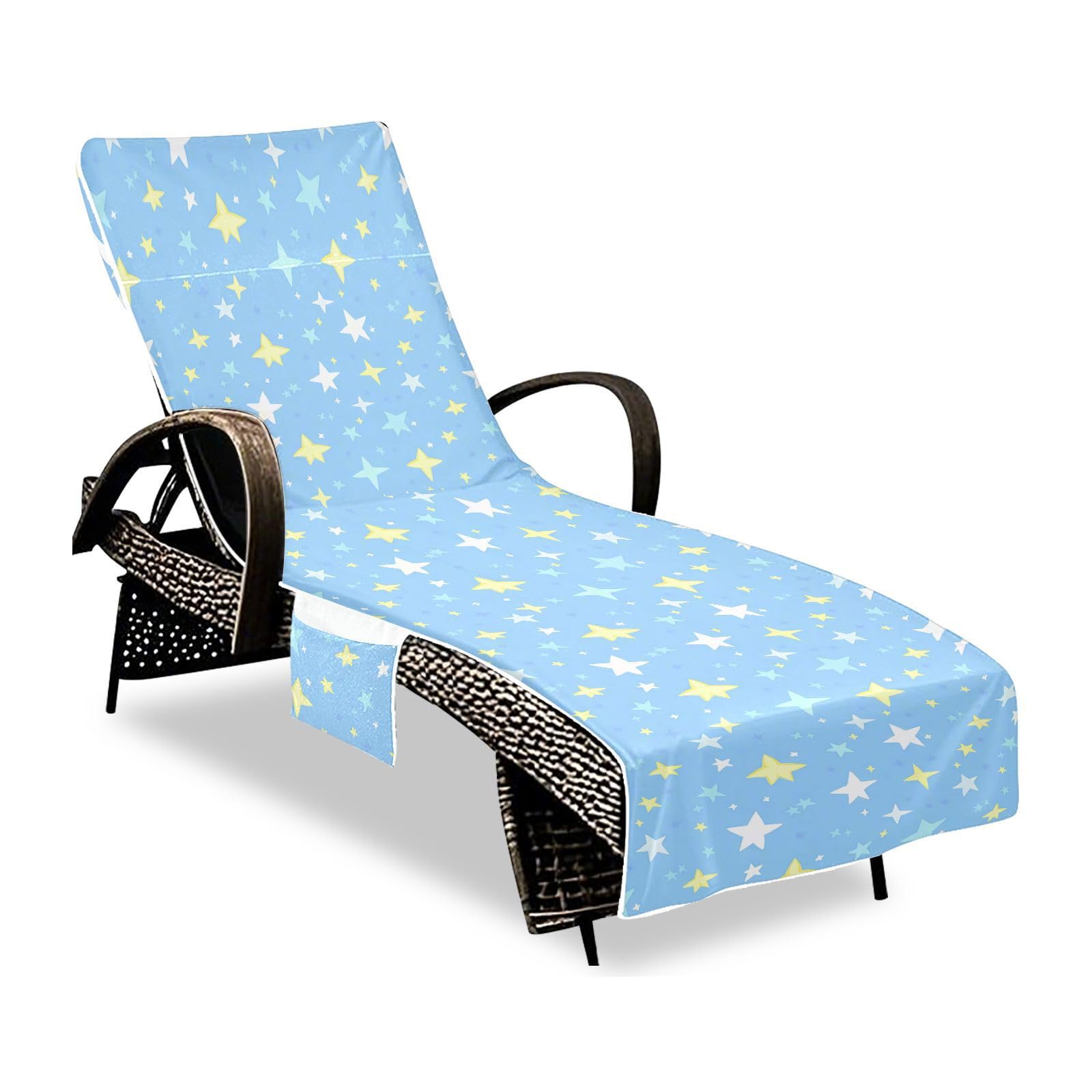 BOESI Doodle Colorful Stars Beach Chair Towel, Outdoor Pool Chair Cover, with Pockets, Suitable for Outdoor Beach Garden Sunbathing, 85'' x 30''