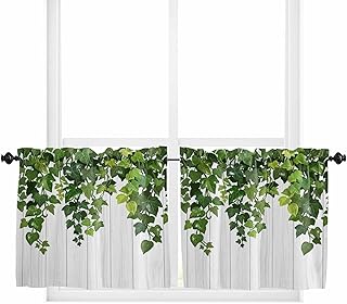 Dark Green Leaf Window Tier Curtains 36 Inch Length, Spring Watercolor Plant Wooden Grain Rod Pocket Window Treatment Kitchen Drapes for Bedroom, Cafe, Living Room, 2 Panels, 27.5 W x 36 L