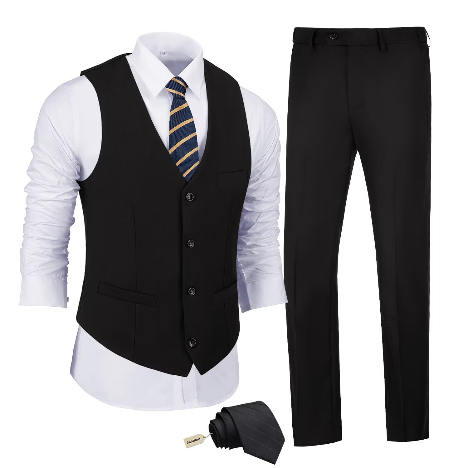 JPF Men's 2 Piece Slim Fit Suit Set, Solid Vest and Pants Suit for Men with Tie