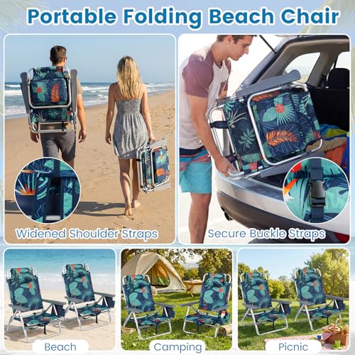 Image of Giantex Folding Beach Chair, Patio Sling Chairs with 5 Adjustable Position, Head Pillow, Storage Bag, Towel Bar, Cup Holders, Backpack Chairs for Sunbathing, Camping Chair