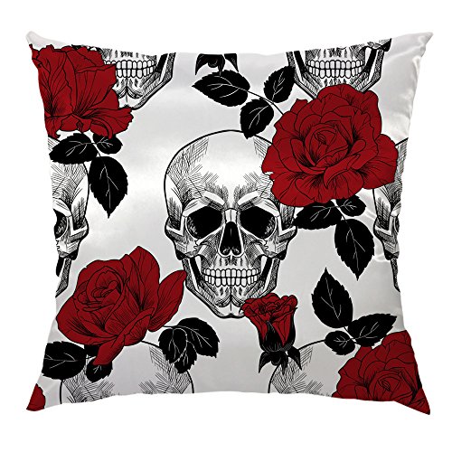 HGOD DESIGNS Skull Throw Pillow Case,Sugar Skull and Red Rose Design Satin Cushion Cover Square Standard Home/Sofa Decorative for Men/Women 18x18 inch Black,Red,Gray
