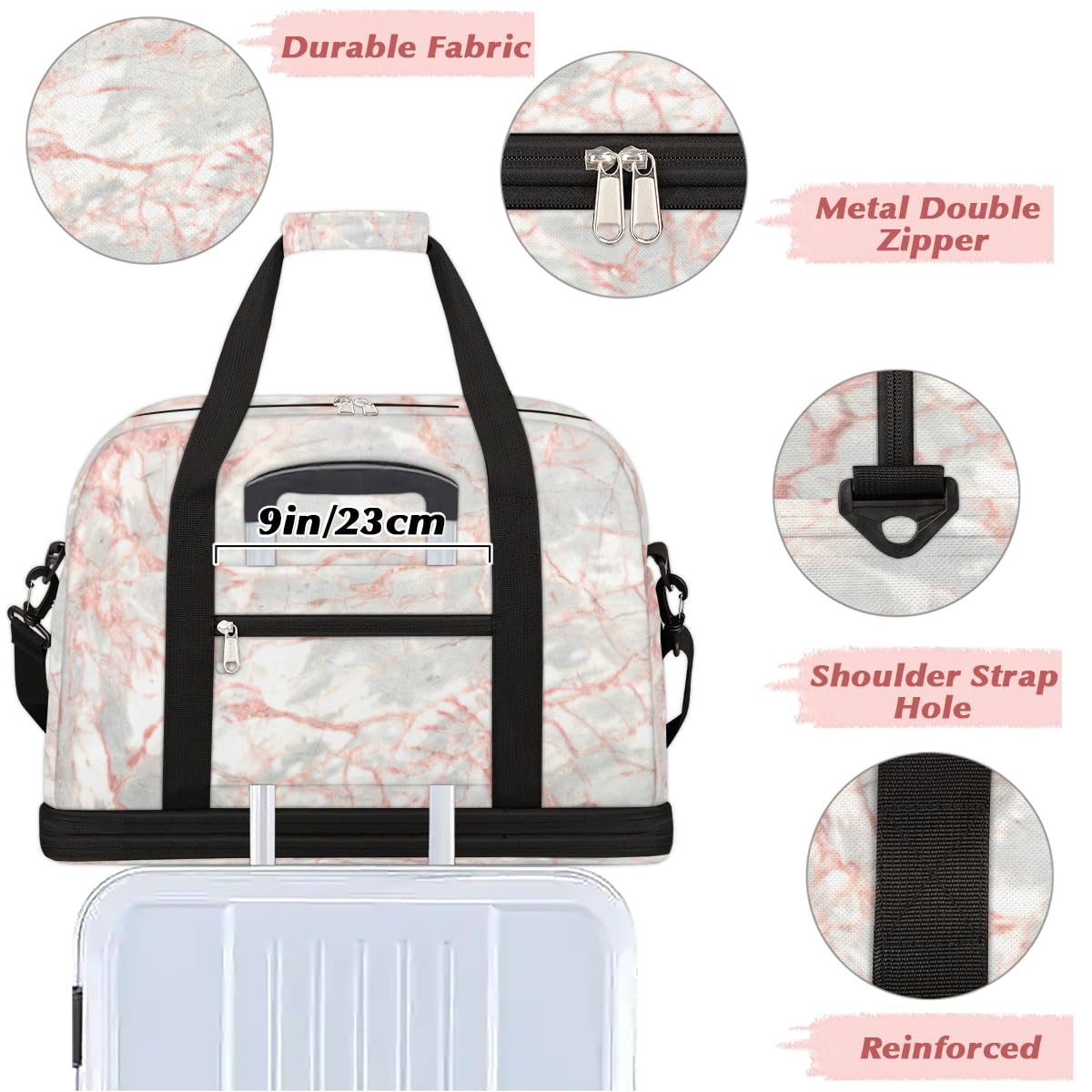Bolsa de viaje plegable con patrón de mármol de textura de 47 litros, bolsa de fin de semana con funda de carrito de hombro separado para deportes, gimnasio, viajes, multicolor, 47L, Bolsa de viaje